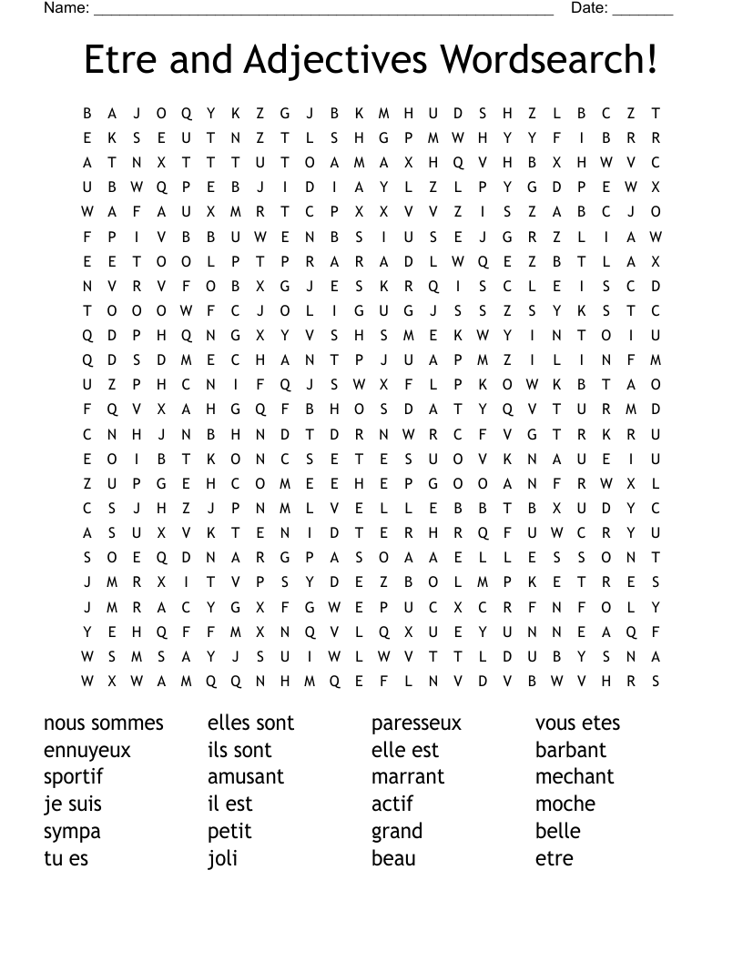 Etre and Adjectives Wordsearch! 