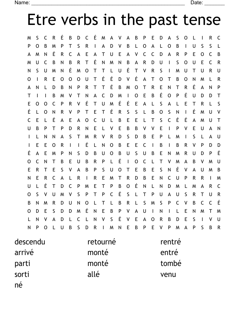 Etre verbs in the past tense Word Search