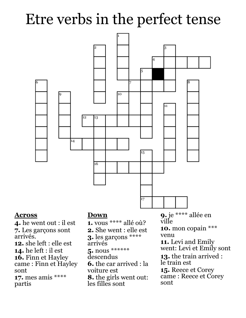 Etre verbs in the perfect tense Crossword