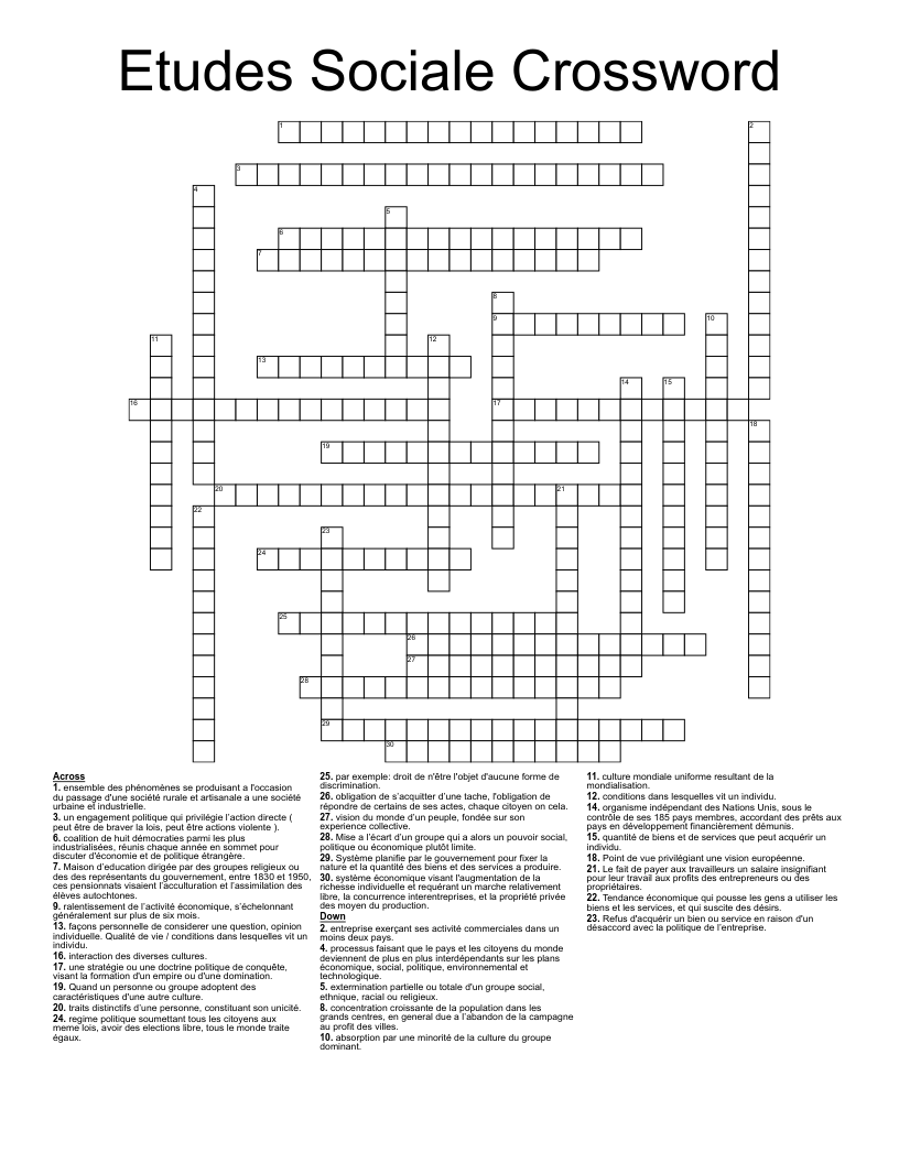 Etudes Sociale Crossword