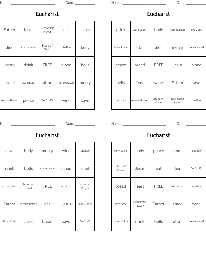 Eucharist Bingo Cards