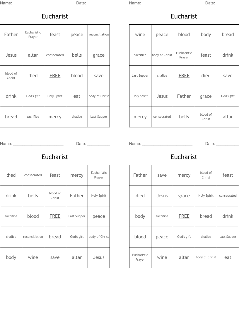 Eucharist Bingo Cards