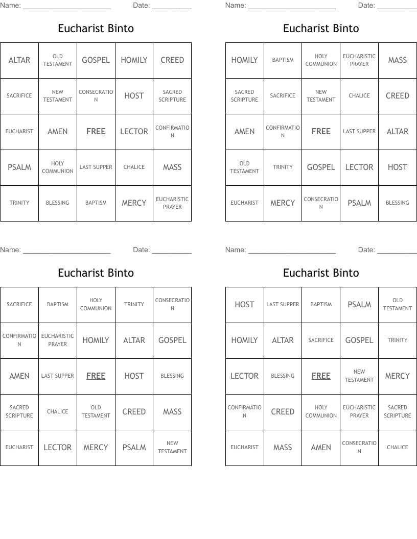 Eucharist Binto Bingo Cards