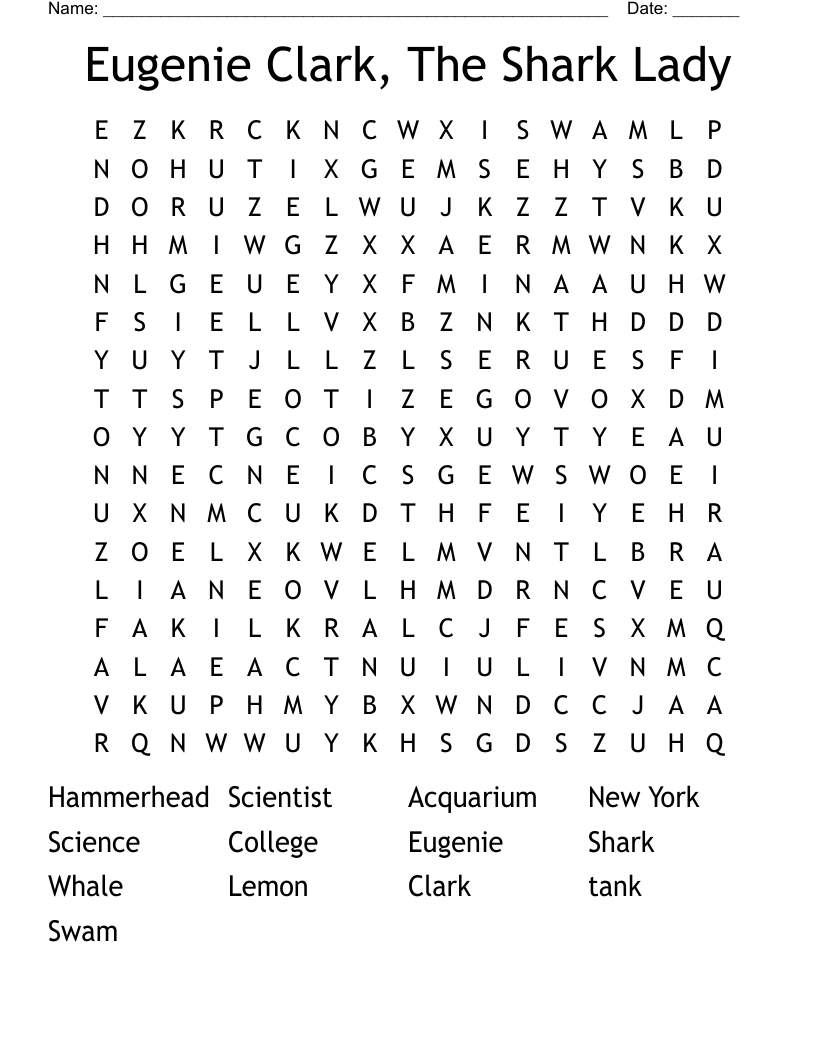 Eugenie Clark, The Shark Lady Word Search