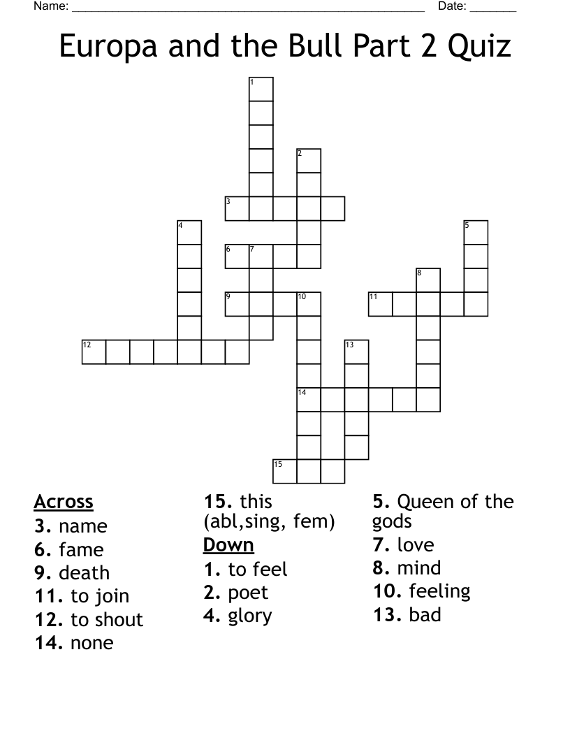 Europa and the Bull Part 2 Quiz Crossword