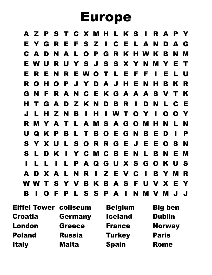 Europe Word Search