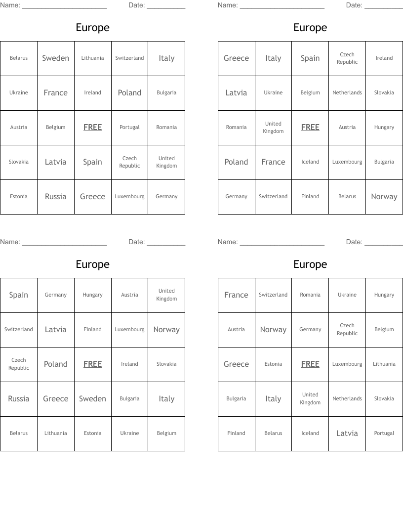Europe Bingo Cards