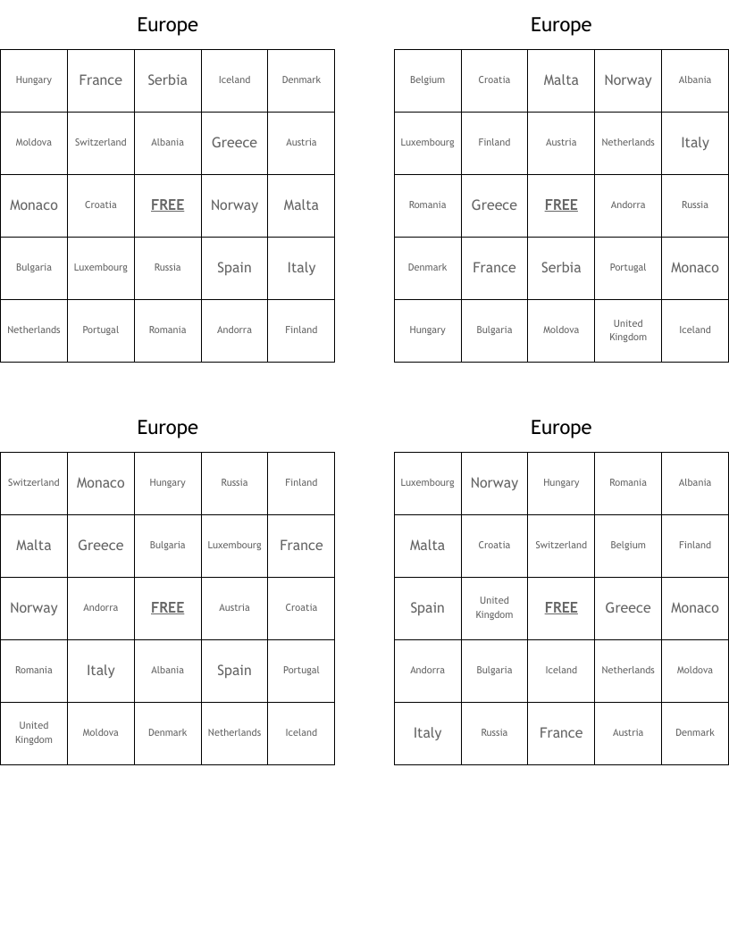 Europe Bingo Cards