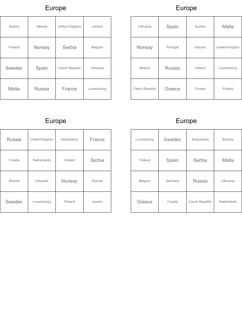 Europe Bingo Cards