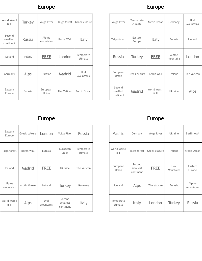 Europe Bingo Cards