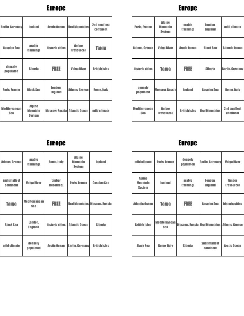 Europe Bingo Cards