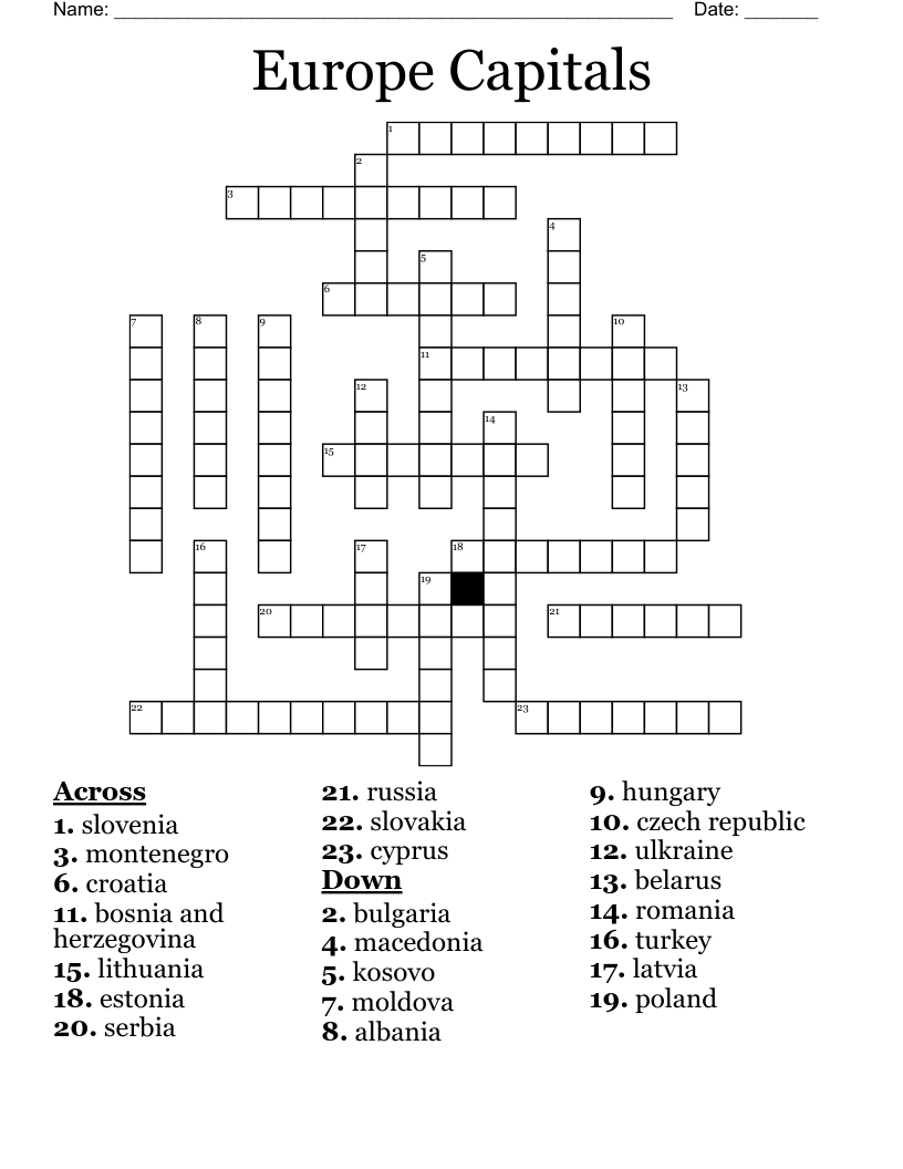 Europe Capitals Crossword