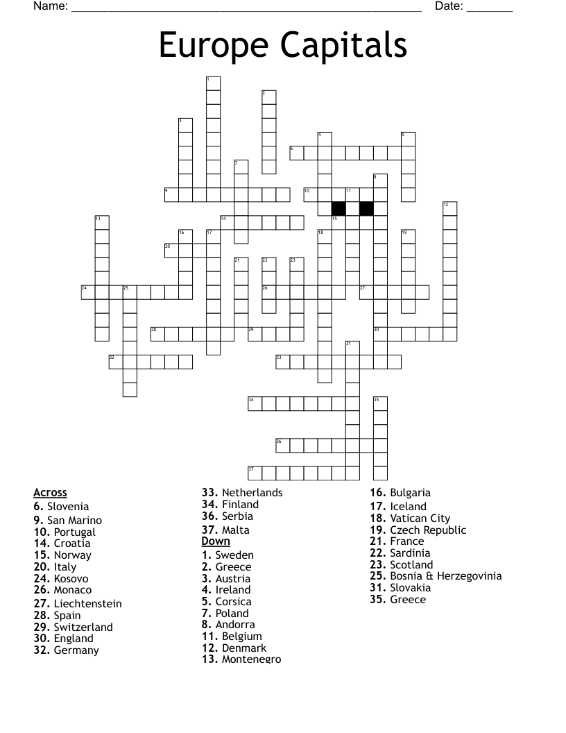 Europe Capitals Crossword