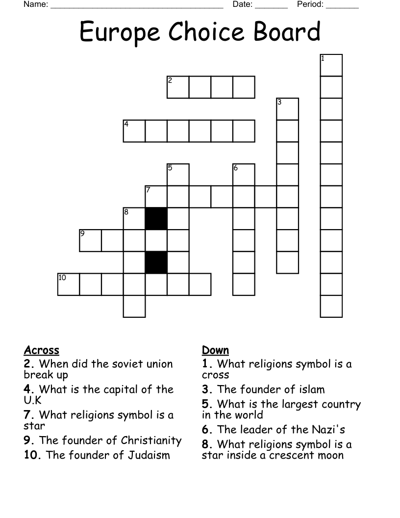 Europe Choice Board Crossword