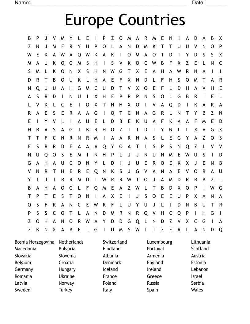 Europe Countries Word Search