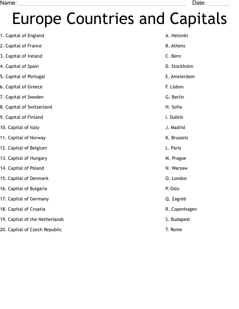 Europe Countries and Capitals Worksheet