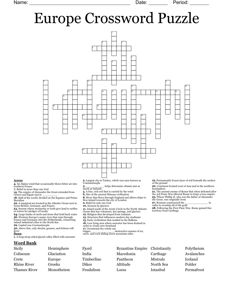Europe Crossword Puzzle