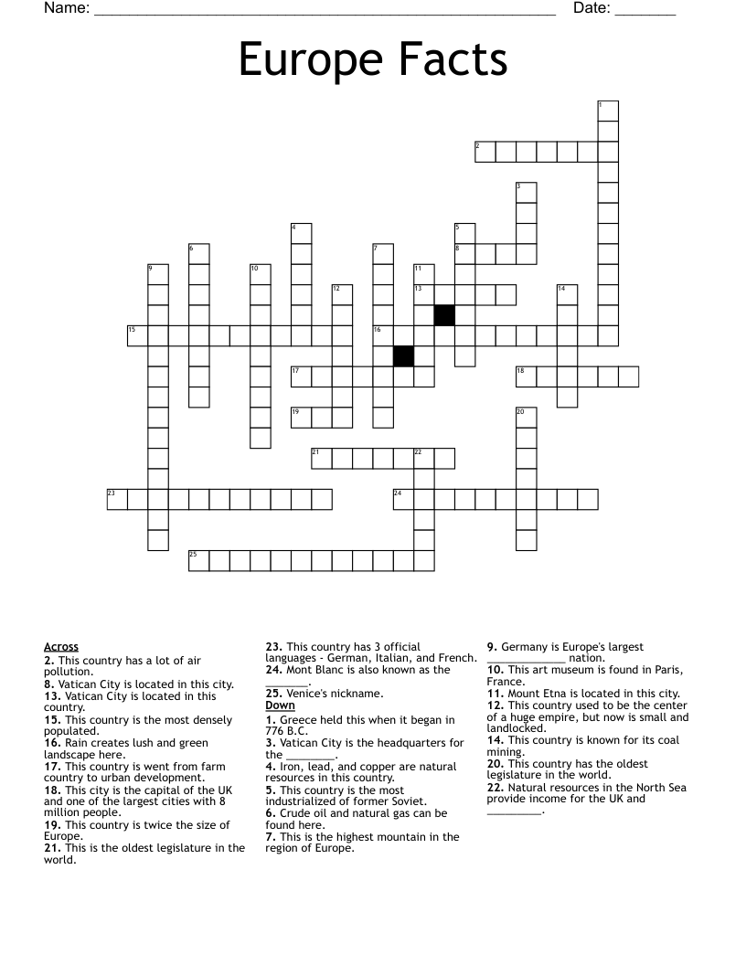 Europe Facts Crossword