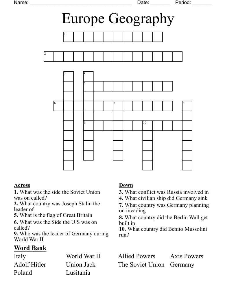 Europe Geography Crossword
