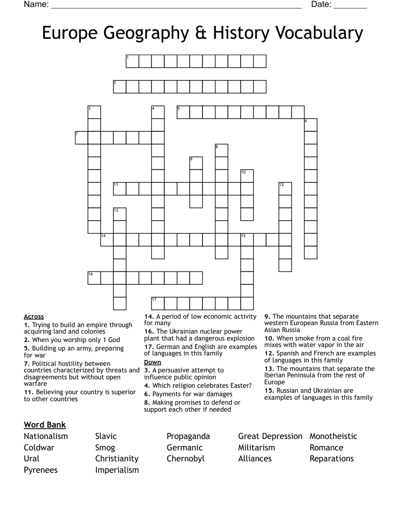 Europe Geography & History Vocabulary Crossword