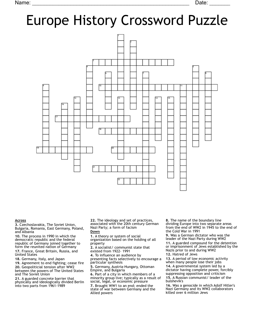 Europe History Crossword Puzzle