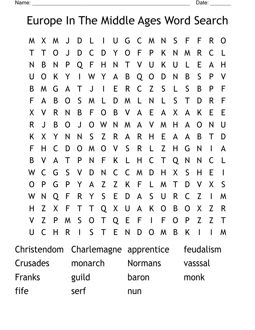 Europe In The Middle Ages Word Search