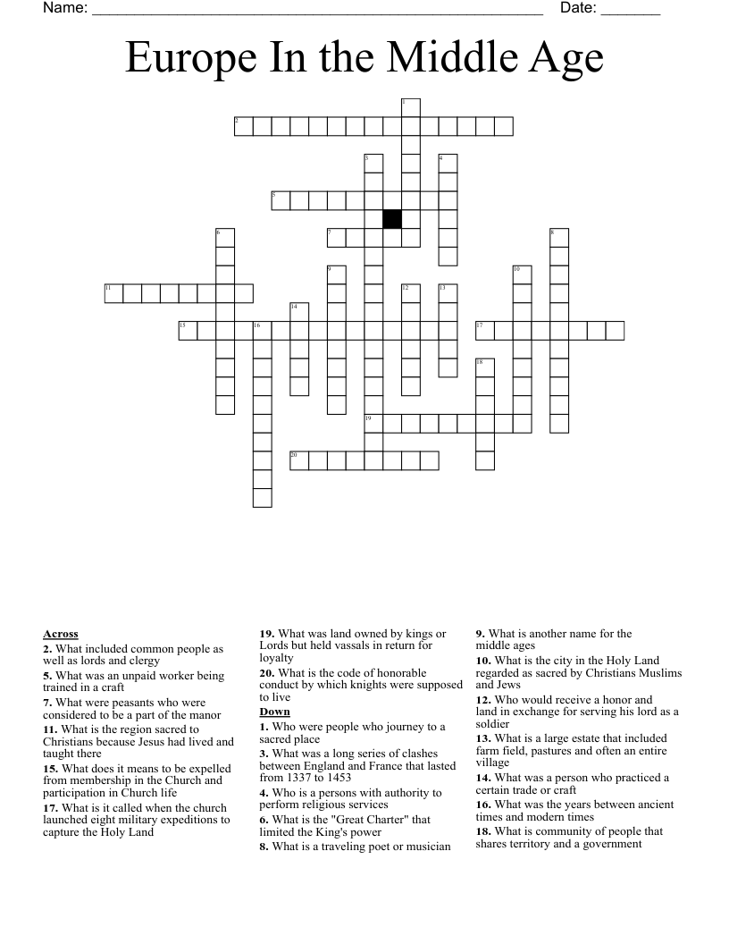 Europe In the Middle Age Crossword