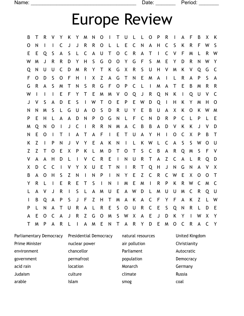 Europe Review Word Search