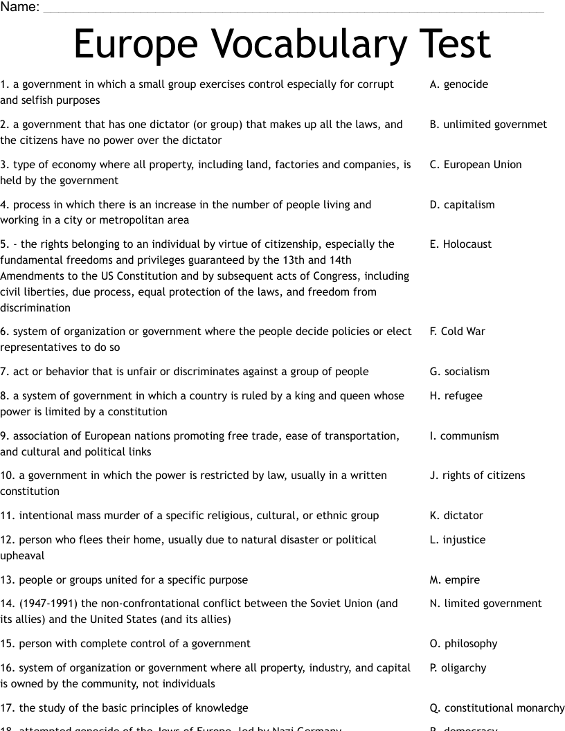 Europe Vocabulary Test Worksheet