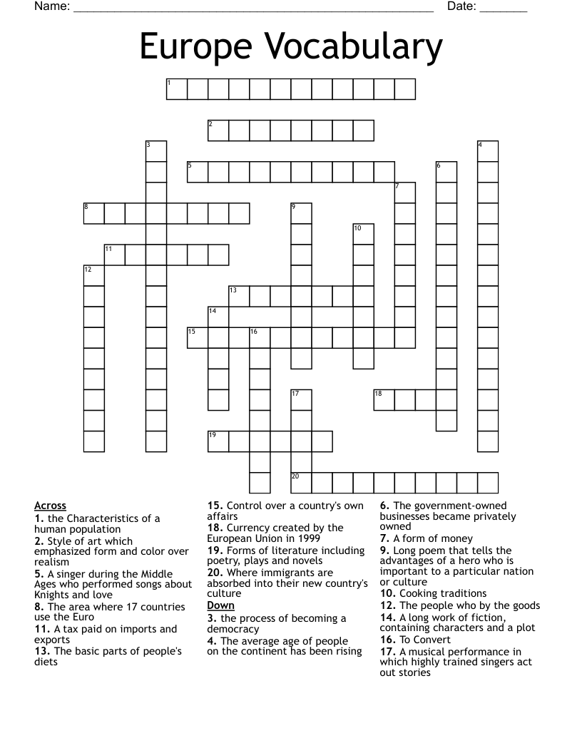 Europe Vocabulary  Crossword