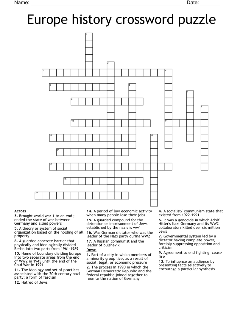 Europe history crossword puzzle 