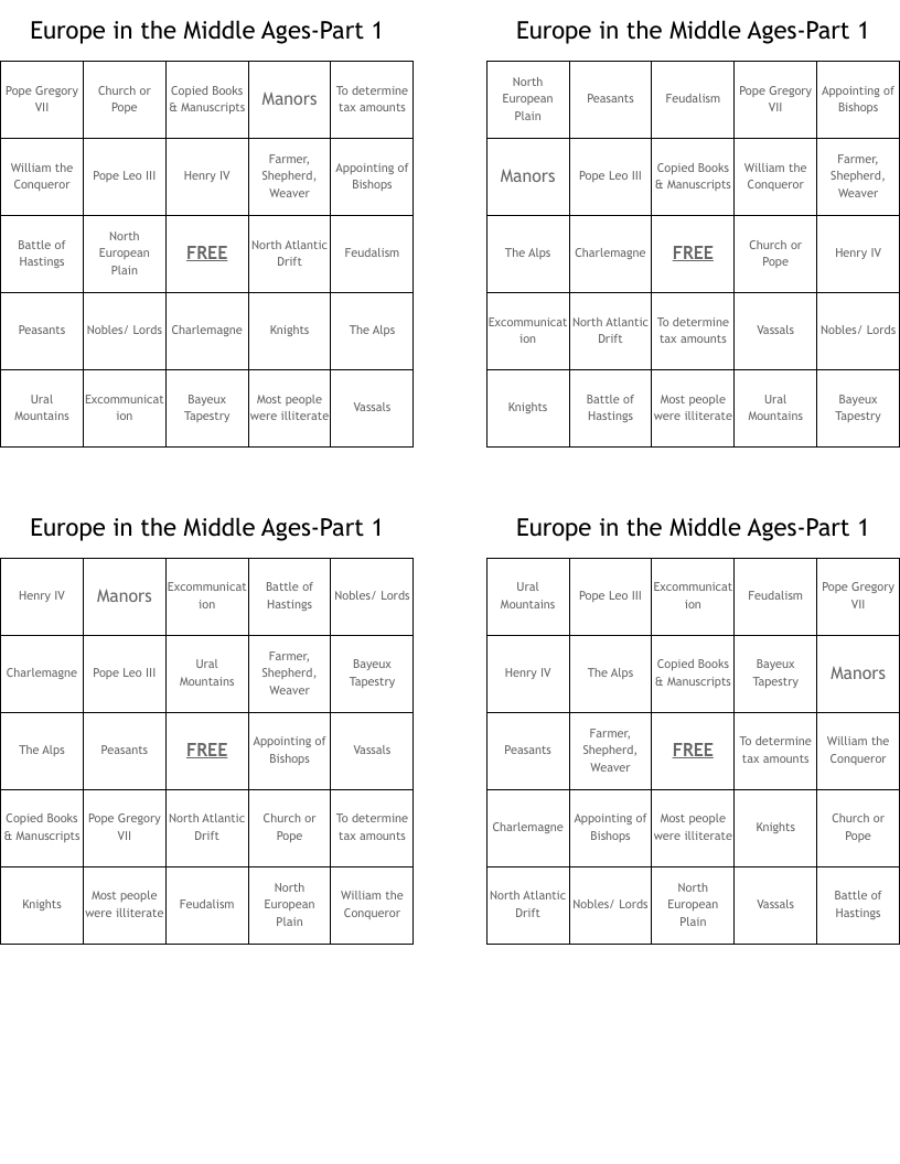 Europe in the Middle Ages-Part 1 Bingo Cards