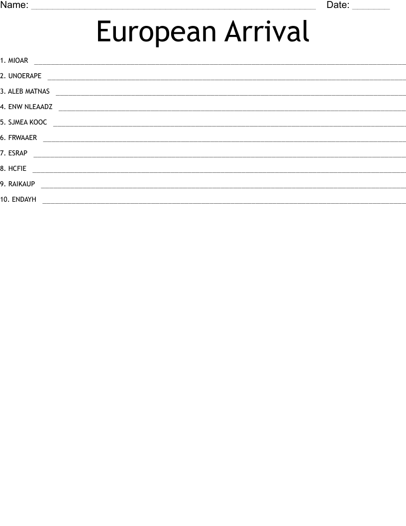European Arrival Word Scramble