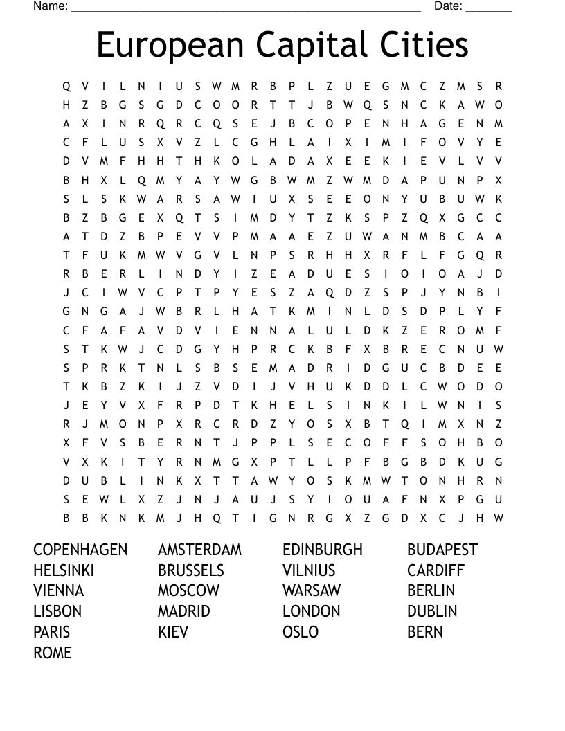 European Capital Cities Word Search