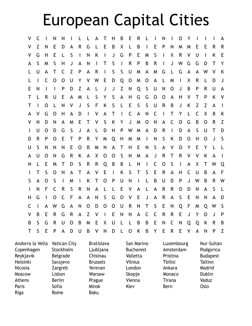 European Capital Cities Word Search