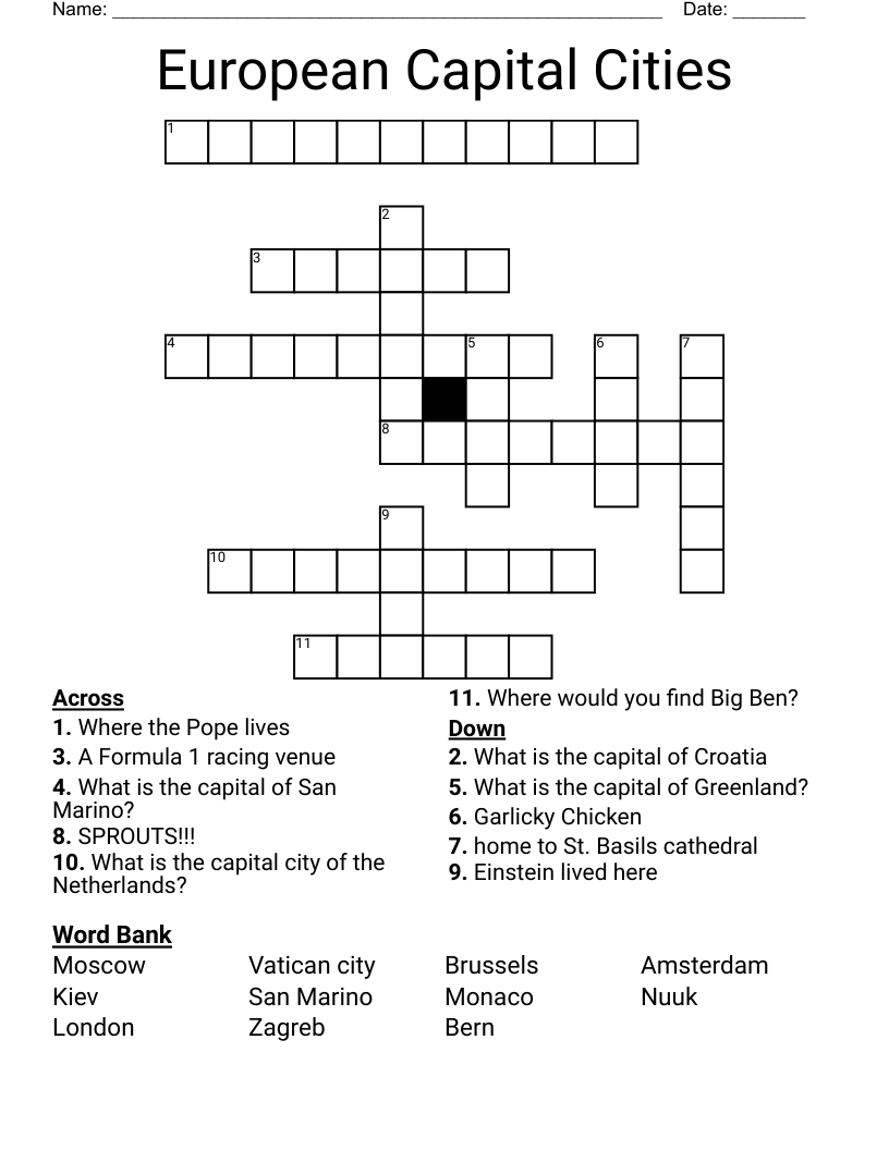 European Capital Cities Crossword