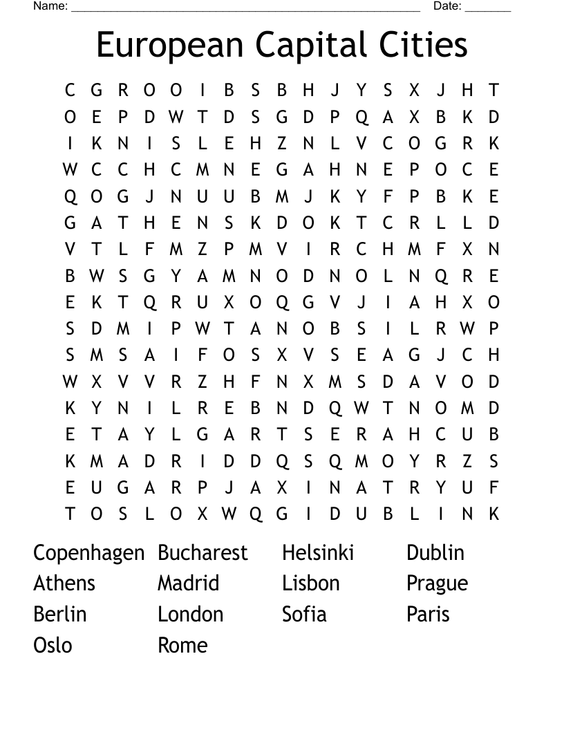 European Capital Cities Word Search