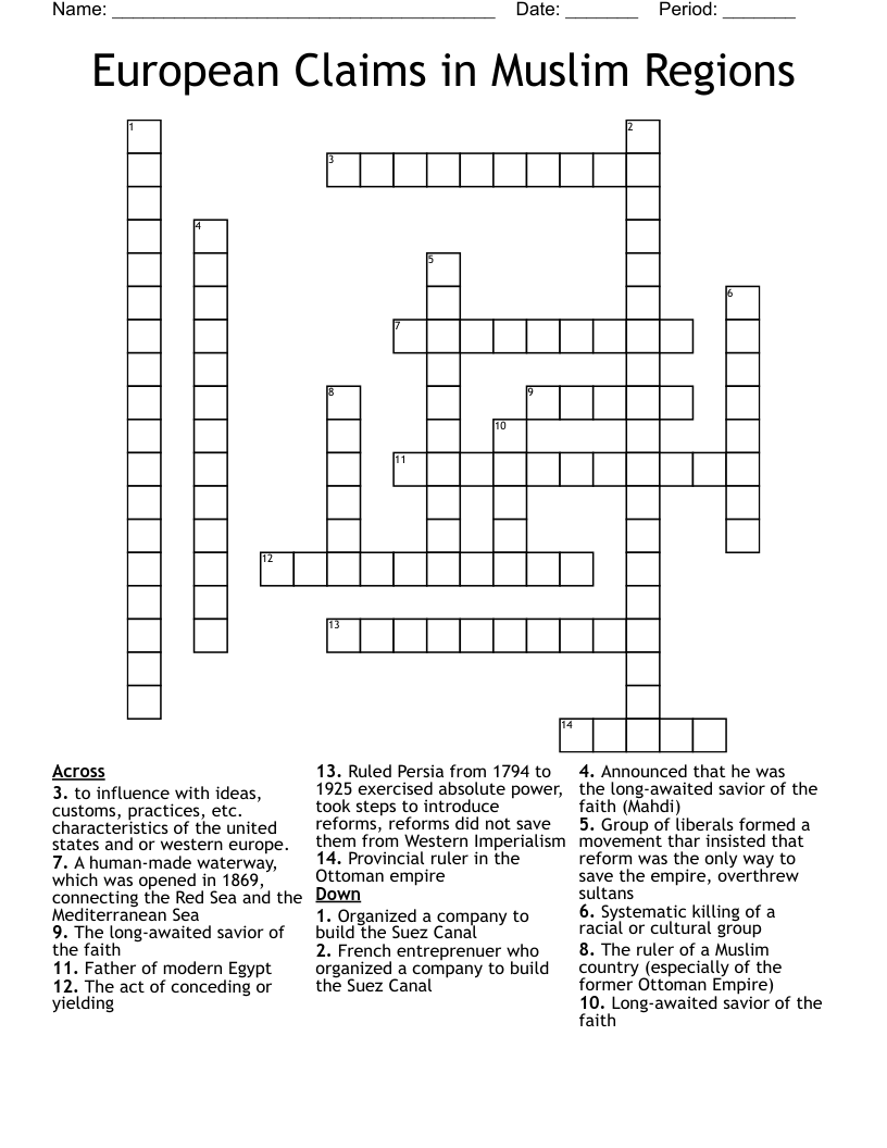 European Claims in Muslim Regions Crossword