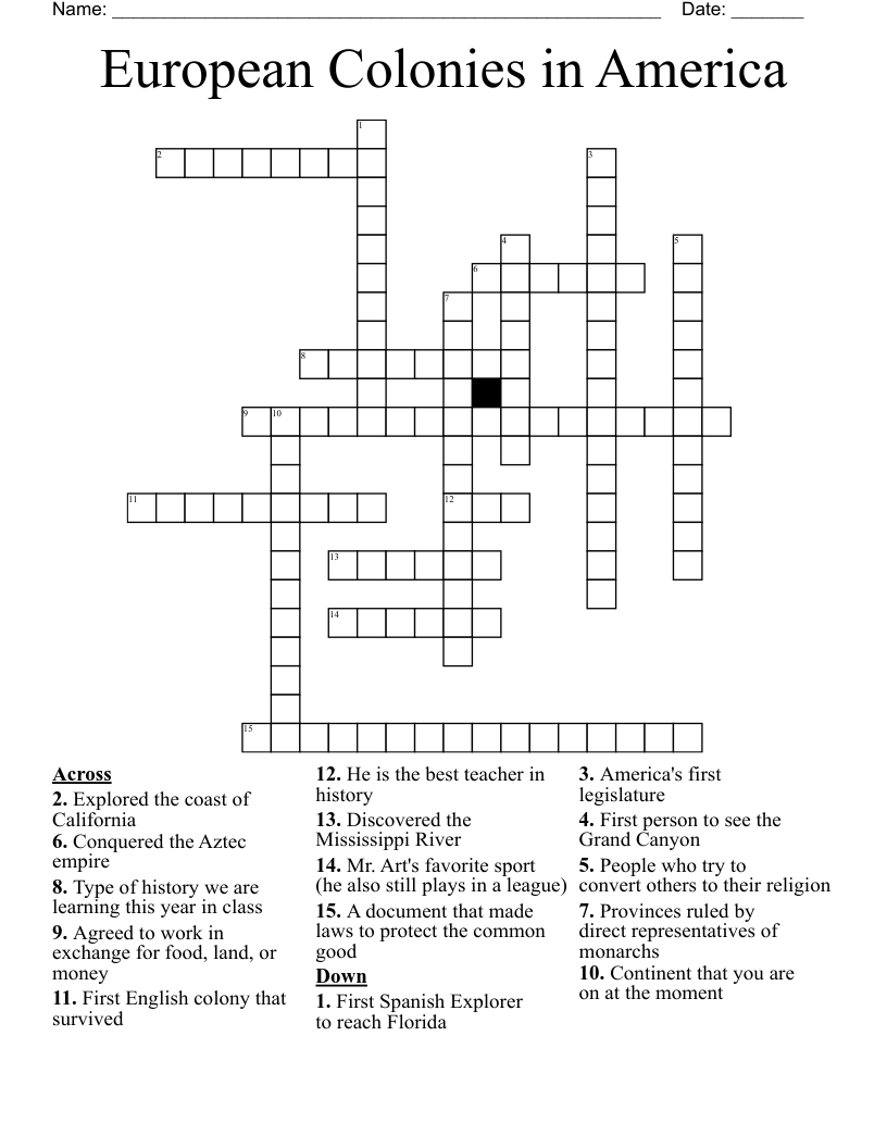 European Colonies in America Crossword