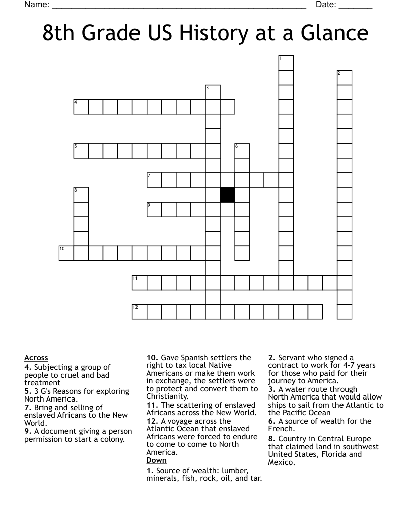 8th Grade US History at a Glance Crossword