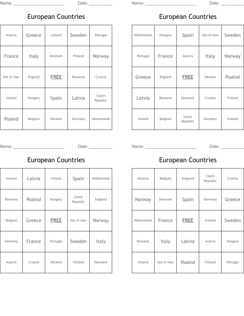 European Countries Bingo Cards