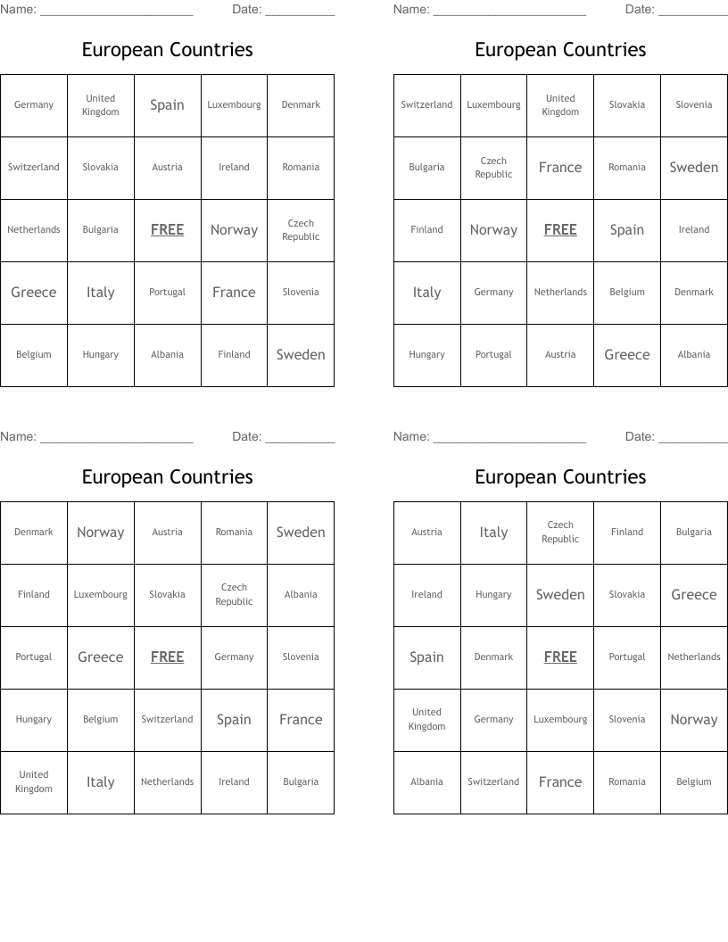 European Countries Bingo Cards