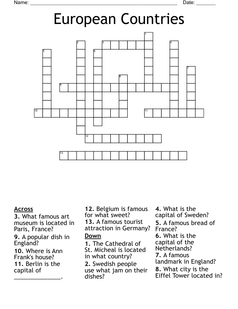 European Countries Crossword