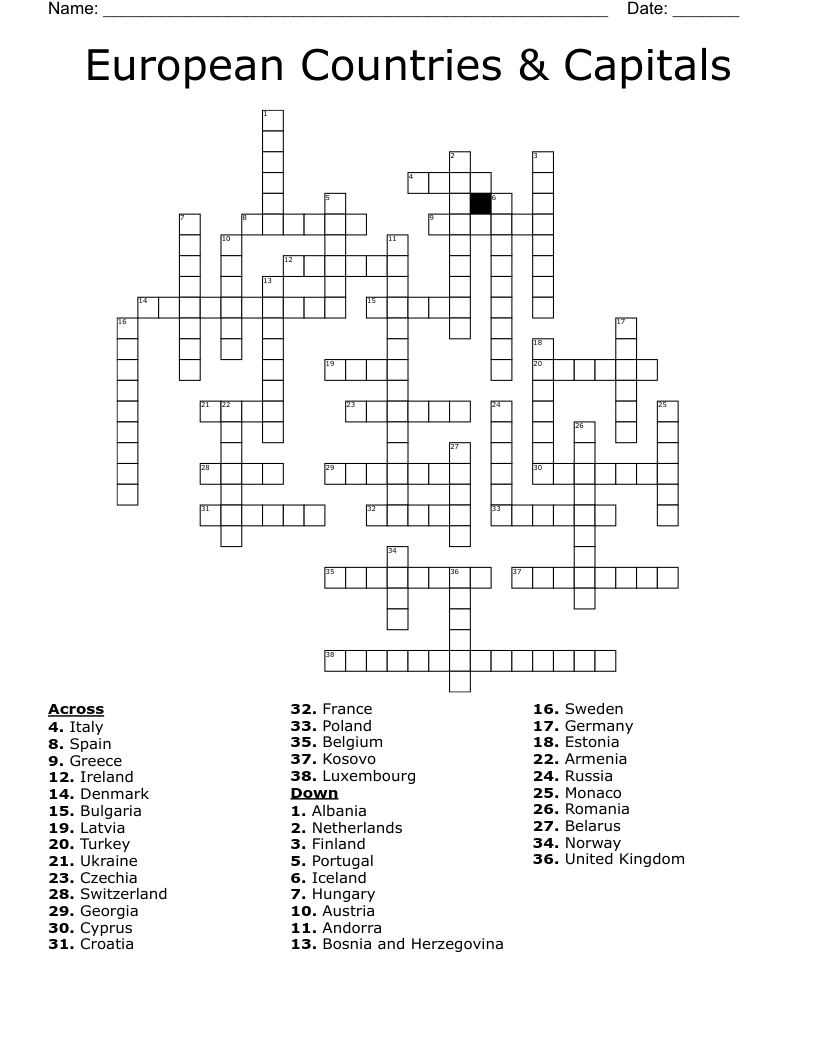 European Countries & Capitals Crossword