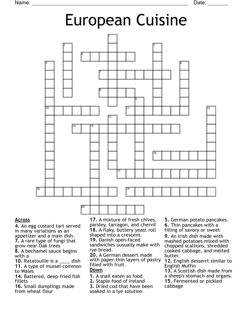 European Cuisine Crossword
