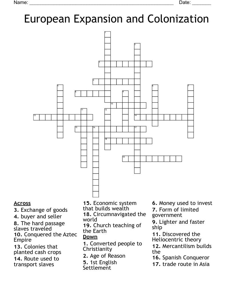 European Expansion and Colonization Crossword
