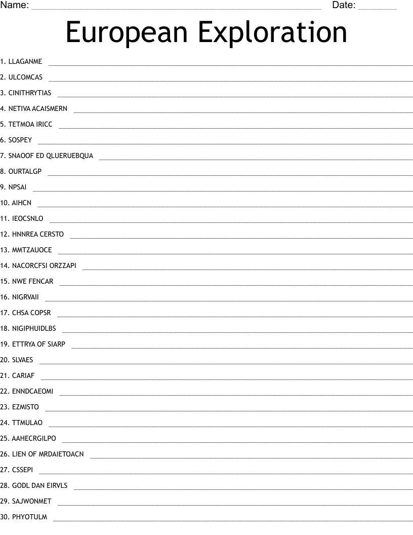 European Exploration Word Scramble