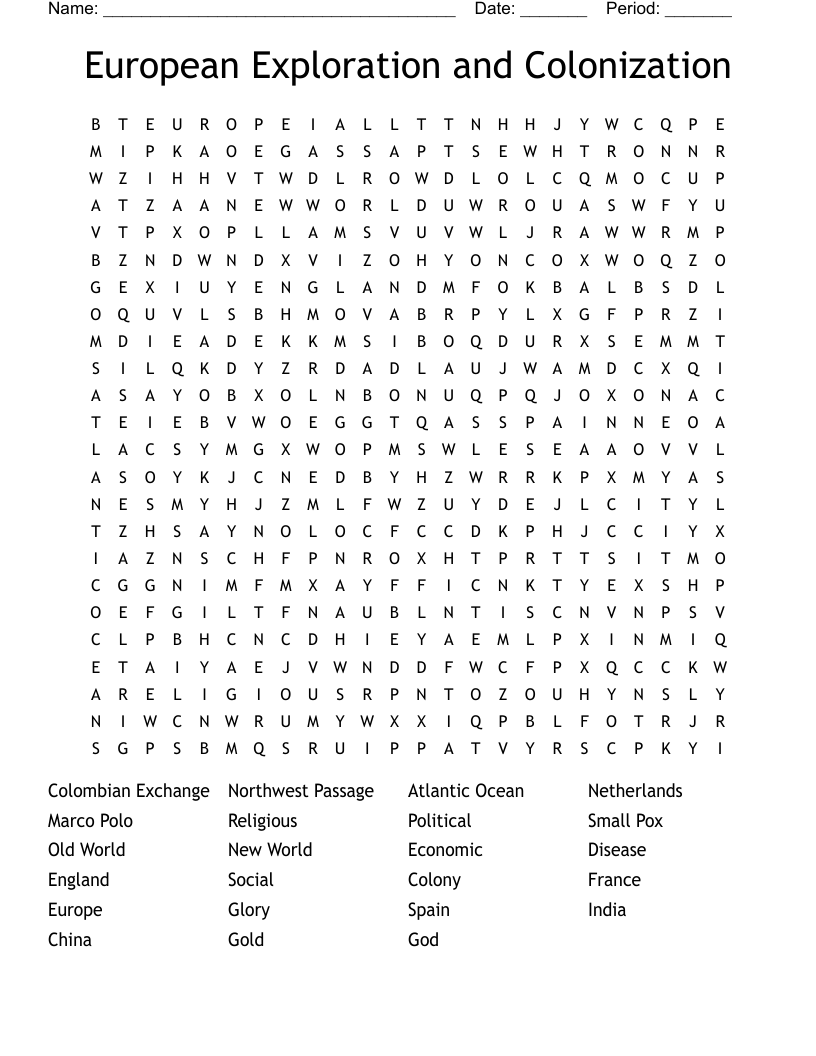 European Exploration and Colonization Word Search