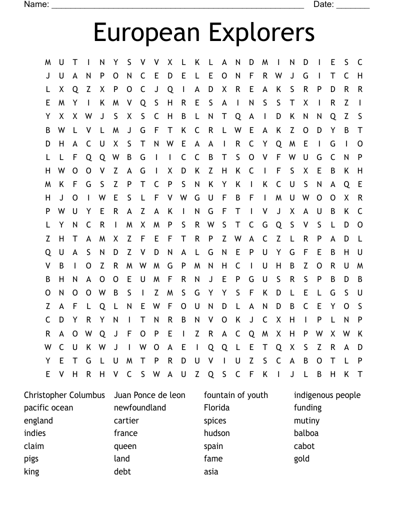 European Explorers Word Search