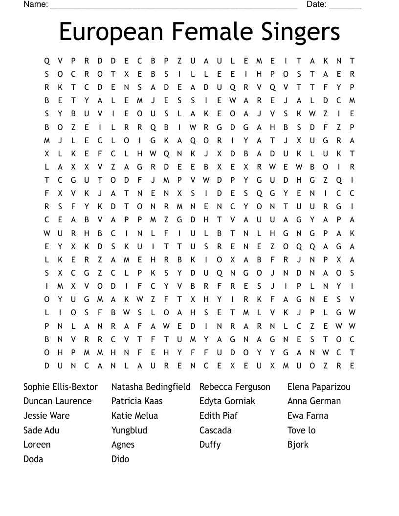 European Female Singers Word Search